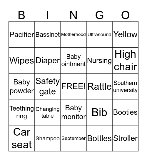 Brittanie's Baby shower Bingo Card