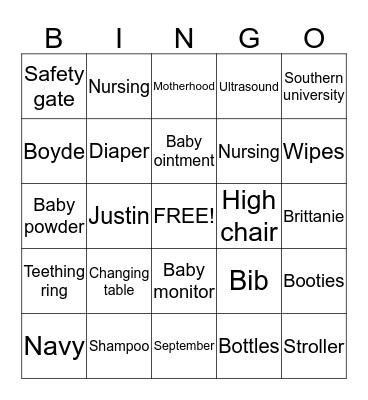 Brittanie's Baby shower Bingo Card