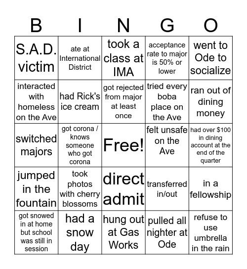 UW-Seattle Bingo Card