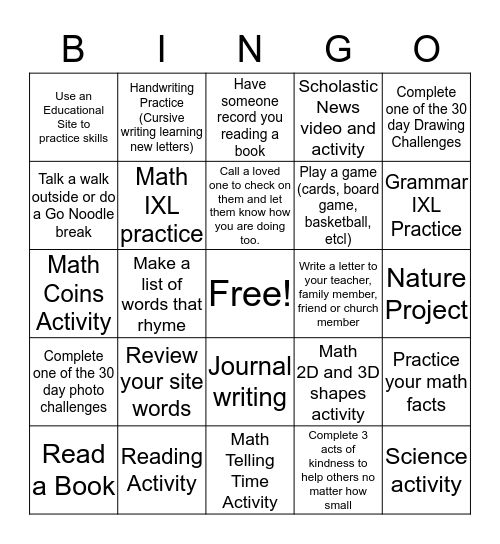 Learning From Home Bingo Card