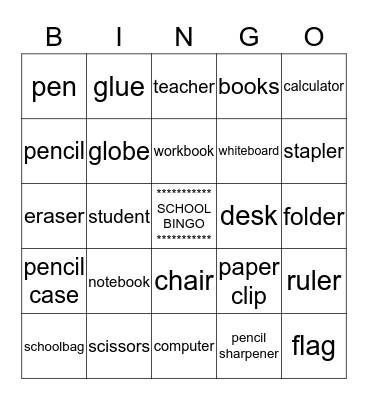 School objects Bingo Card