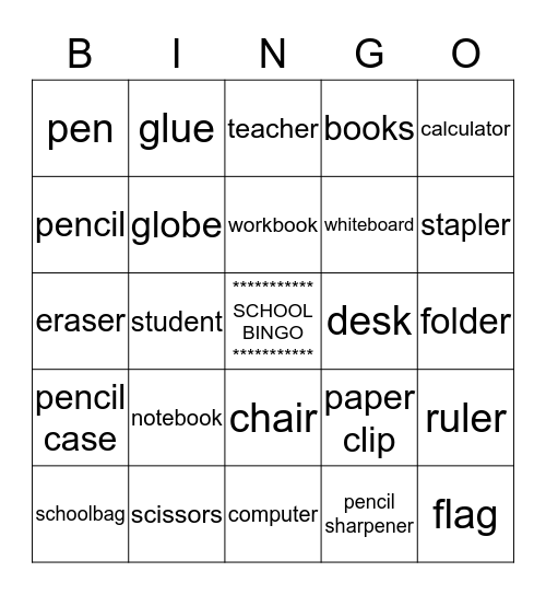 School objects Bingo Card