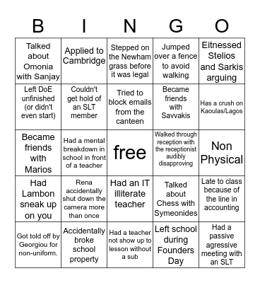 The English School Bingo Card