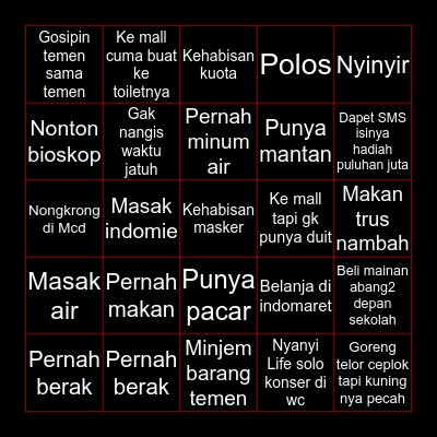 Life experience Bingo Card