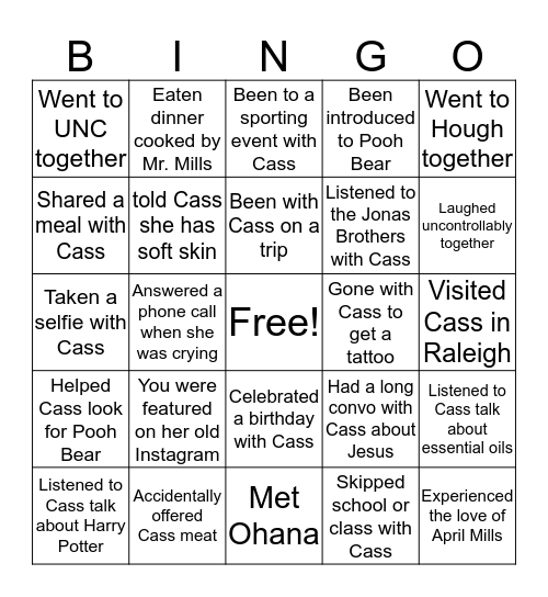 Cassidy Bingo Card