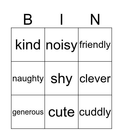 Personality Adjectives Bingo Card