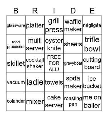 Danielle's Bridal Shower Bingo Card