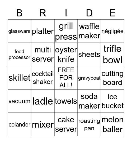 Danielle's Bridal Shower Bingo Card