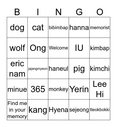 Kang's Bingo Card