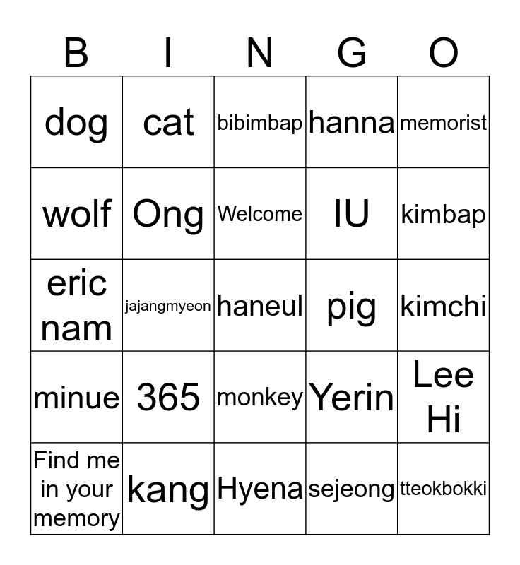 Kang's Bingo Card