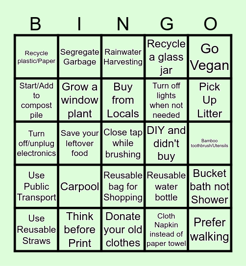Go Green- Earth Day Bingo! Bingo Card