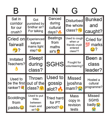 SGHS BINGO Card