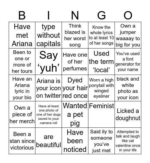 arianators 🤍 Bingo Card