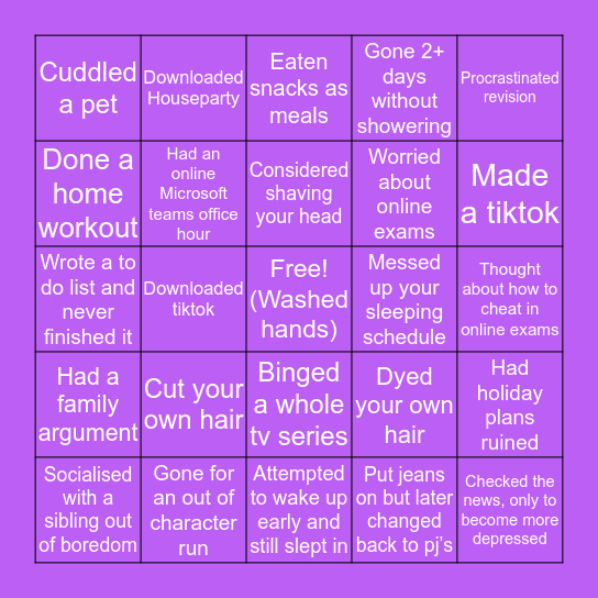 SELF ISOLATION BINGO Card