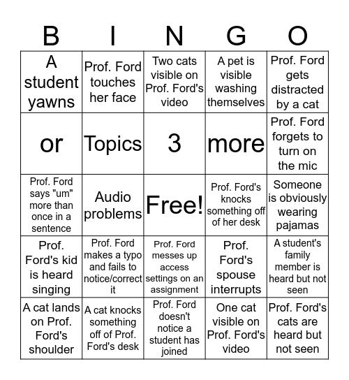 Emergency Distance Learning Bingo Card