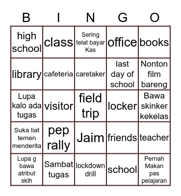 School Bingo Card