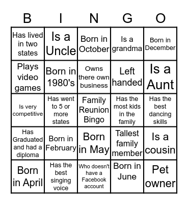 Family Bingo Game Bingo Card