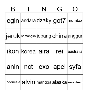 punya anin Bingo Card