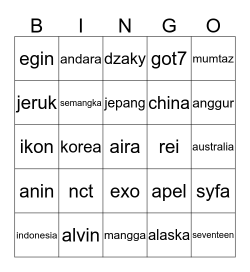 punya anin Bingo Card