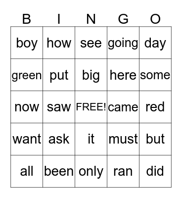 Sight Words Bingo Card