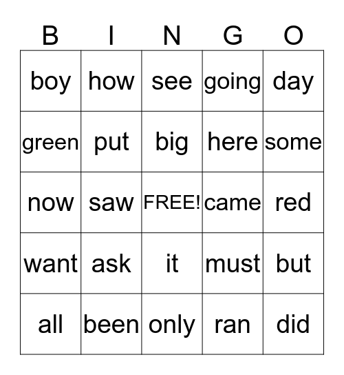 Sight Words Bingo Card