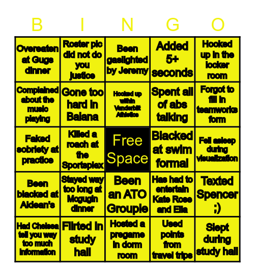 Vanderbilt Swimming Bingo Card