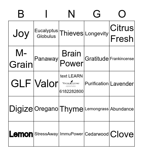 YL Essential Oil Bingo Card