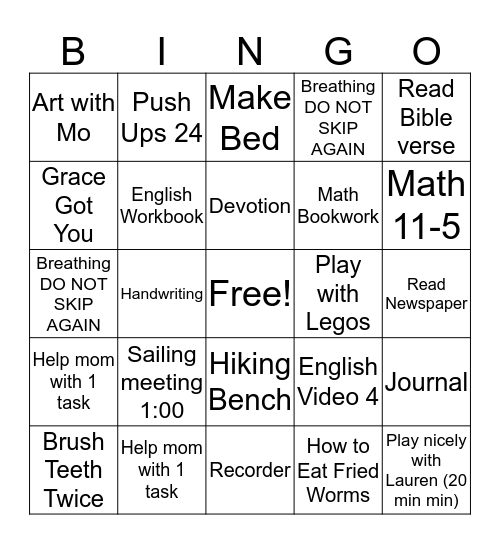 Tuesday Bingo Card