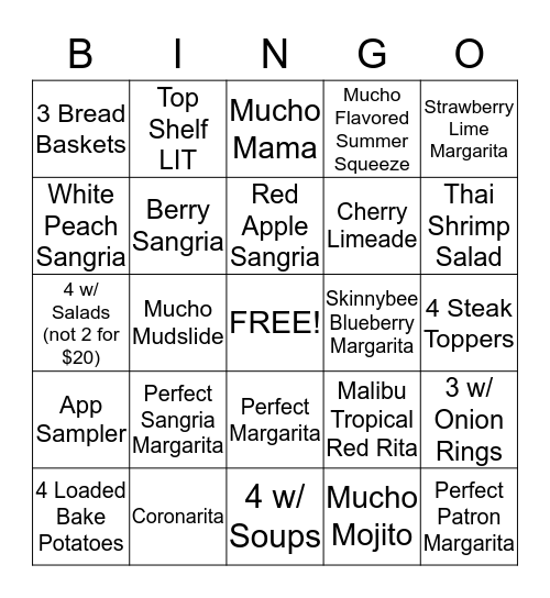 APPLEBEE'S Bingo Card