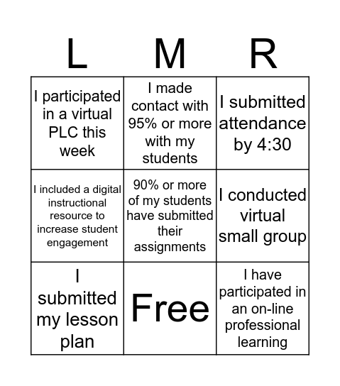 LMR Central Network Bingo Card
