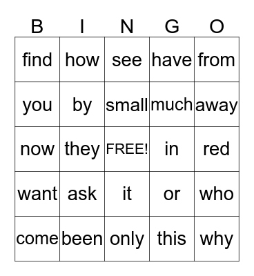 Sight Words Bingo Card