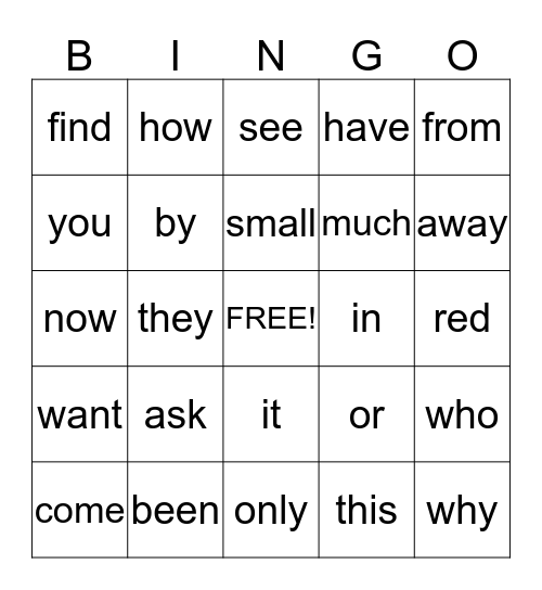 Sight Words Bingo Card