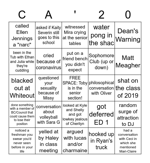 Class of 2020 Bingo Card