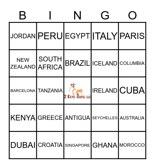 2 Keys Travel LLC DESTINATION Bingo Card