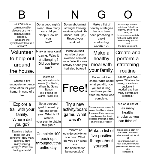 PE BINGO - Level 2 Bingo Card