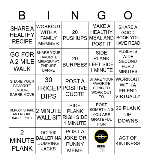 ENDURE BARRE QUARANTINE BINGO Card