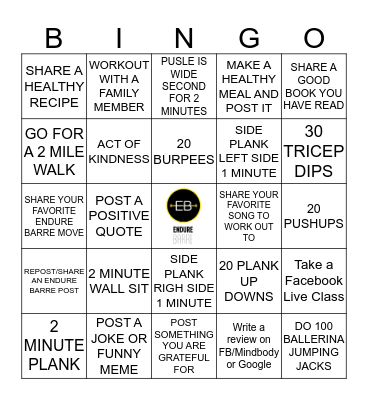 ENDURE BARRE QUARANTINE BINGO Card