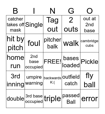 Cambridge Cubs Baseball Bingo Card