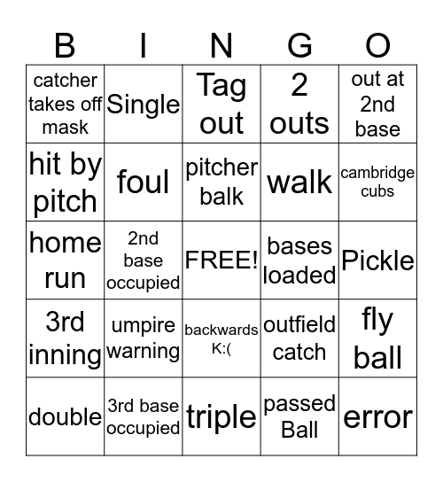 Cambridge Cubs Baseball Bingo Card