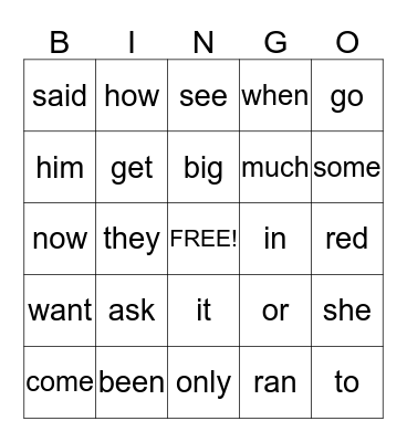 Sight Words Bingo Card
