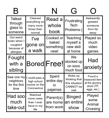 Social Distancing Bingo Card