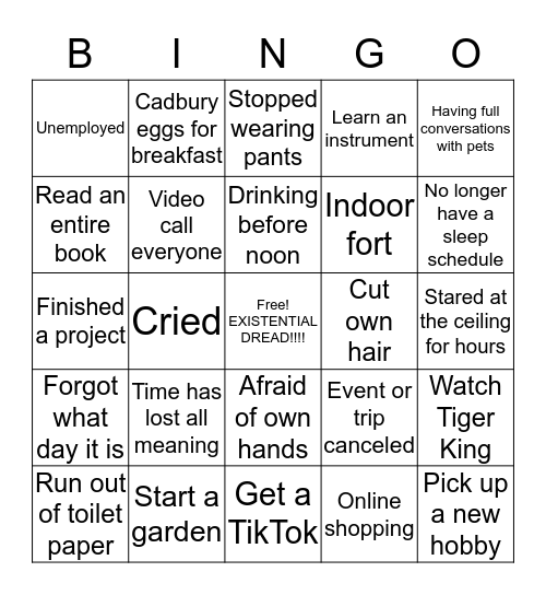 Quarantine Bingo Card