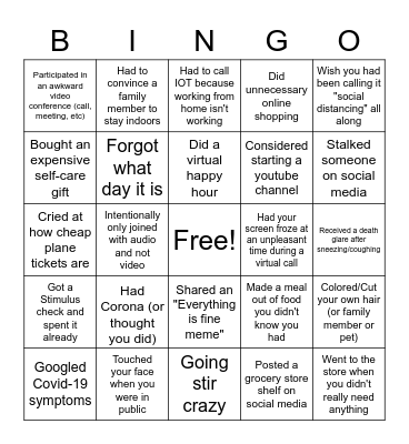 Quarantine Bingo Card