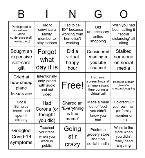 Quarantine Bingo Card