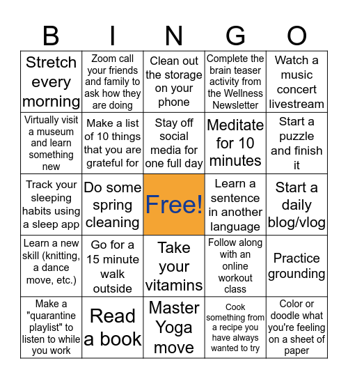 Wellness Quarantine Bingo Card