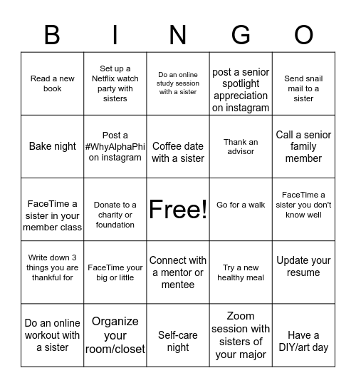 Alpha Phi Bingo Card