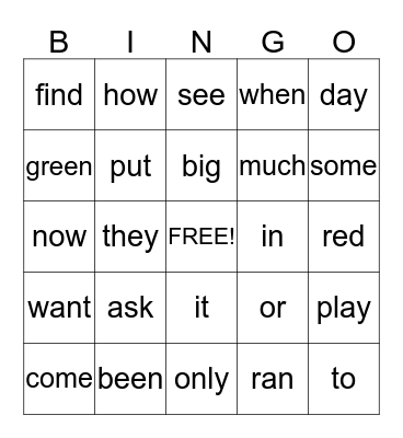 Sight Words Bingo Card