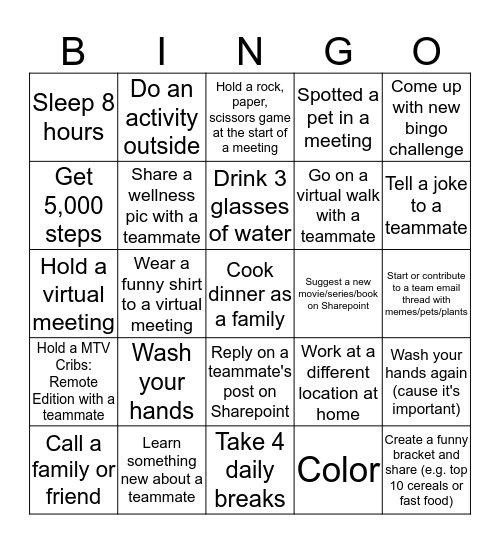 Wellness Bingo Card