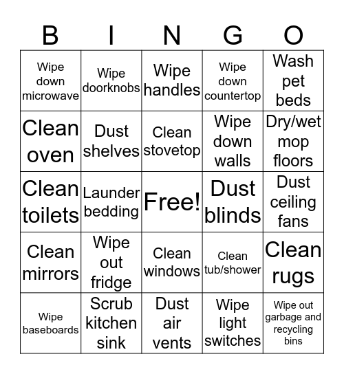 Quarantine Cleaning Bingo Card