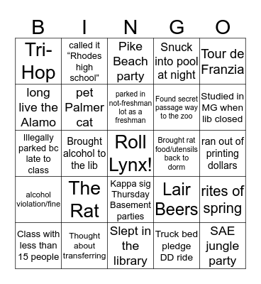 RHODES COLLEGE Bingo Card